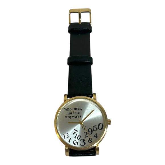Novelty Untested Who Cares I’m Late Anyway Gold Tone Analog Black Band Watch - Picture 3 of 5